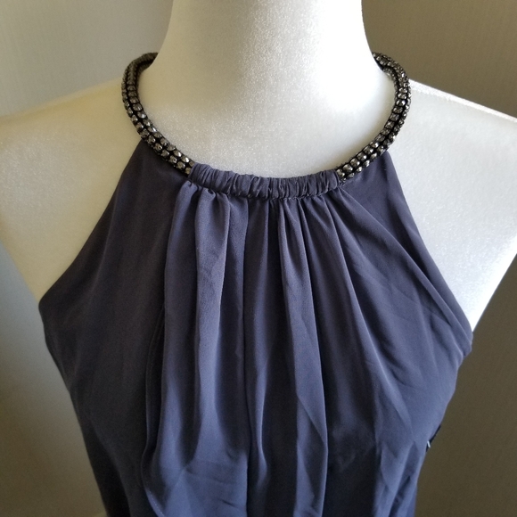 SLNY S.L. Fashions Solid Chiffon Split Front Halter Dress, Steel Grey, 8P Petite - Picture 2 of 15